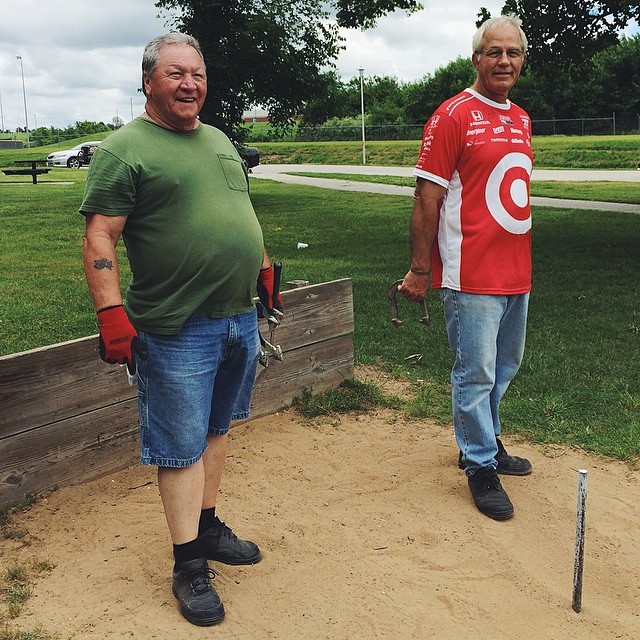 Every Sunday you can find Charlie, Bob, and a gang of others playing horseshoes at Springdale's Tyson Complex. There's a fantastic horseshoe setup at the park that these men take advantage of. They said they've been "doing this for years". I'd keep a close eye on anyone that shows up wearing gloves to a game of horseshoes.