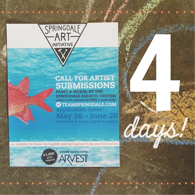Only 4 more days left to submit your designs for the Springdale Aquatic Center mural project! The chosen artist will receive $1,000! Please visit teamspringdale.com for more information. #teamspringdale