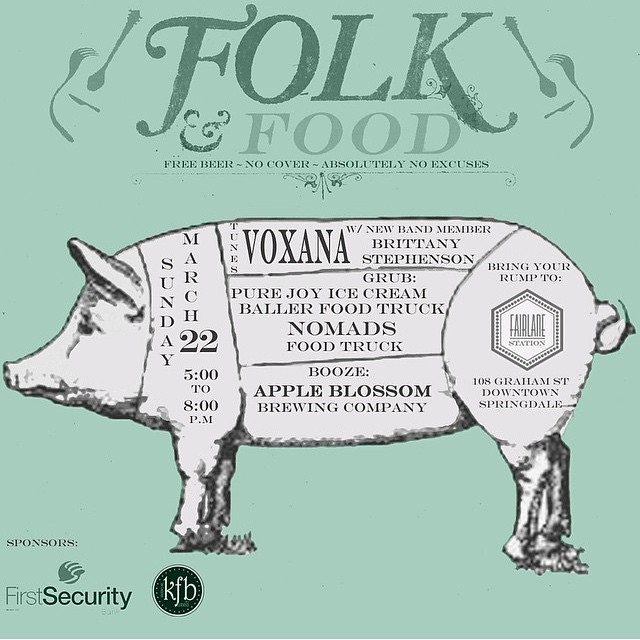 Folk & Food is happening TONIGHT from 5-8pm at @fairlanestation in downtown Springdale! Music, food, beer, & locals!