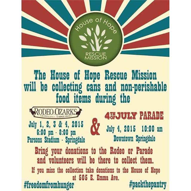 Do you plan on attending the Rodeo Parade tomorrow at 10am? If so, the House Of Hope will be collecting canned goods and other non-perishable items to restock their pantry! This wonderful service is located in downtown Springdale and serves 300 - 400 people a week. So grab a bag of canned goods from your pantry and volunteers will be walking the sidewalks to collect your donations. #freedomfromhunger #teamspringdale